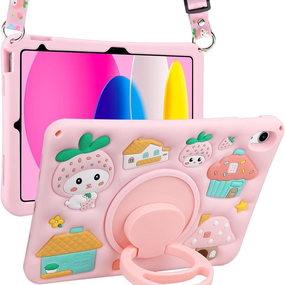 Kids iPad 11th Gen 11 Case iPad 10th 10.9 Pink Strawberry Strap Stand